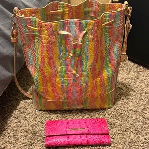 Brahmin Multicolor Croc-Embossed Bucket Bag with Hot Pink Wallet